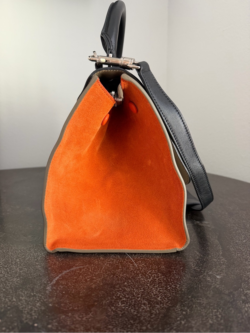 Celine Leather Top-Handle Trapeze Bag in Black, Taupe & Orange - Pre-Loved - Picture 5 of 13